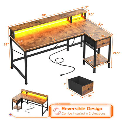 48 inch L-Shaped Desk with Drawers, Computer Desk with Monitor Stand, LED Lights, and Power Outlet, Suitable for Small Rooms, Study Rooms, Bedrooms, Home Offices, Christmas, Thanksgiving, Easter