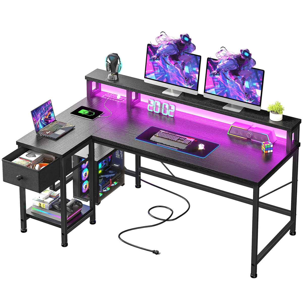 48 inch L-Shaped Desk with Drawers, Computer Desk with Monitor Stand, LED Lights, and Power Outlet, Suitable for Small Rooms, Study Rooms, Bedrooms, Home Offices, Christmas, Thanksgiving, Easter