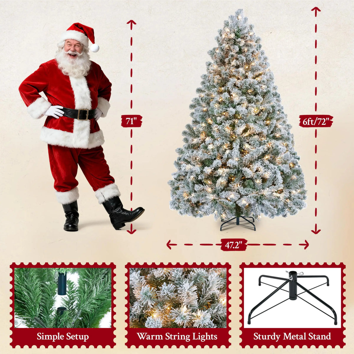 6ft Pre-Lit Snow Flocked Artificial Christmas Tree, 250 Lights