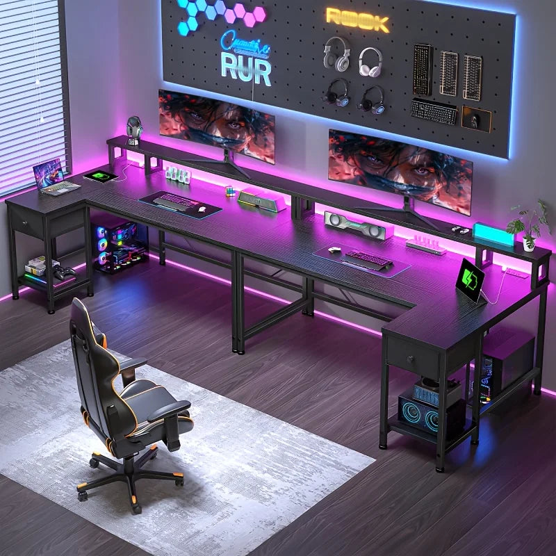48 inch L-Shaped Desk with Drawers, Computer Desk with Monitor Stand, LED Lights, and Power Outlet, Suitable for Small Rooms, Study Rooms, Bedrooms, Home Offices, Christmas, Thanksgiving, Easter