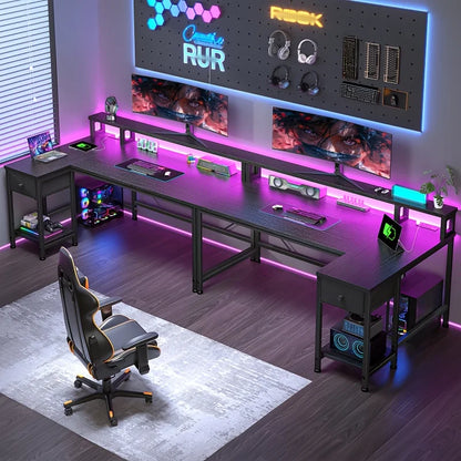 48 inch L-Shaped Desk with Drawers, Computer Desk with Monitor Stand, LED Lights, and Power Outlet, Suitable for Small Rooms, Study Rooms, Bedrooms, Home Offices, Christmas, Thanksgiving, Easter