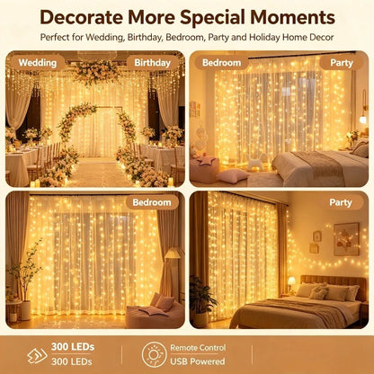 USB LED Curtain Lights with Remote Control, Christmas Fairy Lights for Wedding Birthday Bedroom Party Home Decor
