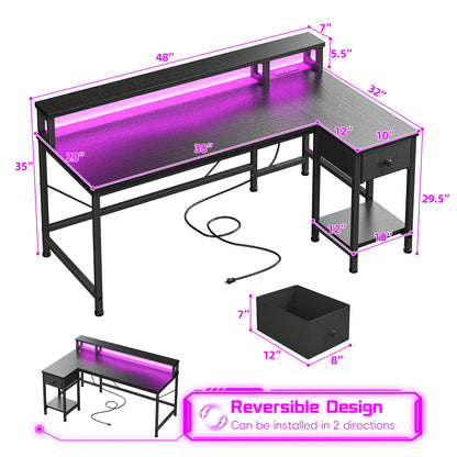 48 inch L-Shaped Desk with Drawers, Computer Desk with Monitor Stand, LED Lights, and Power Outlet, Suitable for Small Rooms, Study Rooms, Bedrooms, Home Offices, Christmas, Thanksgiving, Easter