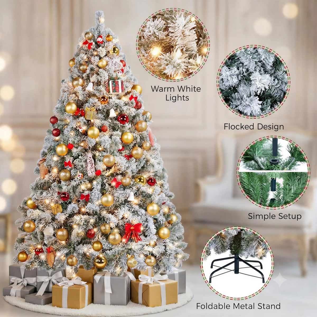 6ft Pre-Lit Snow Flocked Artificial Christmas Tree, 250 Lights