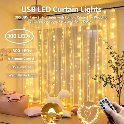 USB LED Curtain Lights with Remote Control, Christmas Fairy Lights for Wedding Birthday Bedroom Party Home Decor