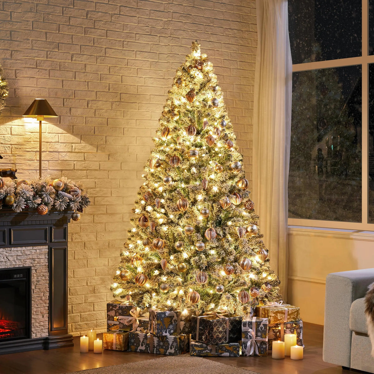 6ft Pre-Lit Snow Flocked Artificial Christmas Tree, 250 Lights