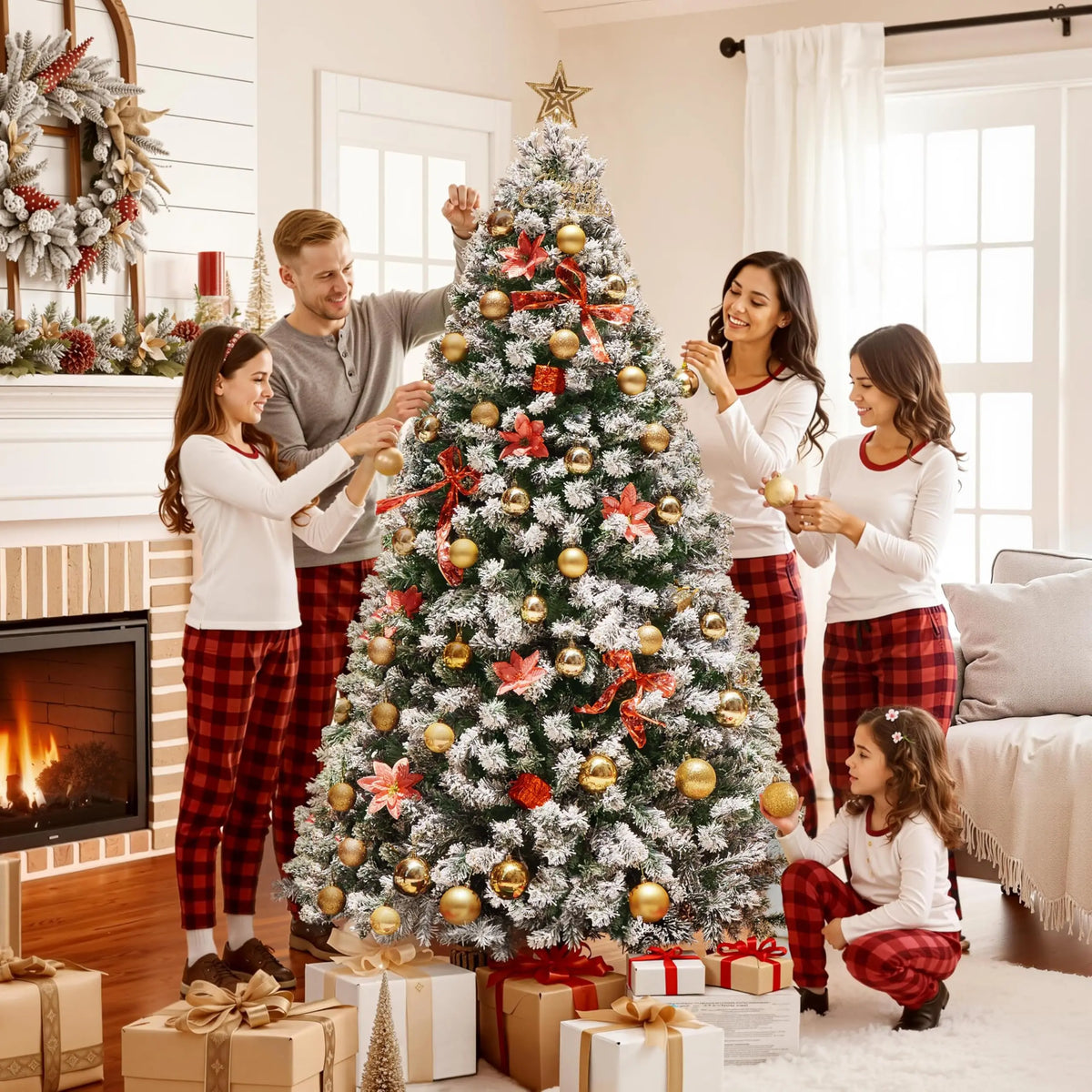 6ft Pre-Lit Snow Flocked Artificial Christmas Tree, 250 Lights