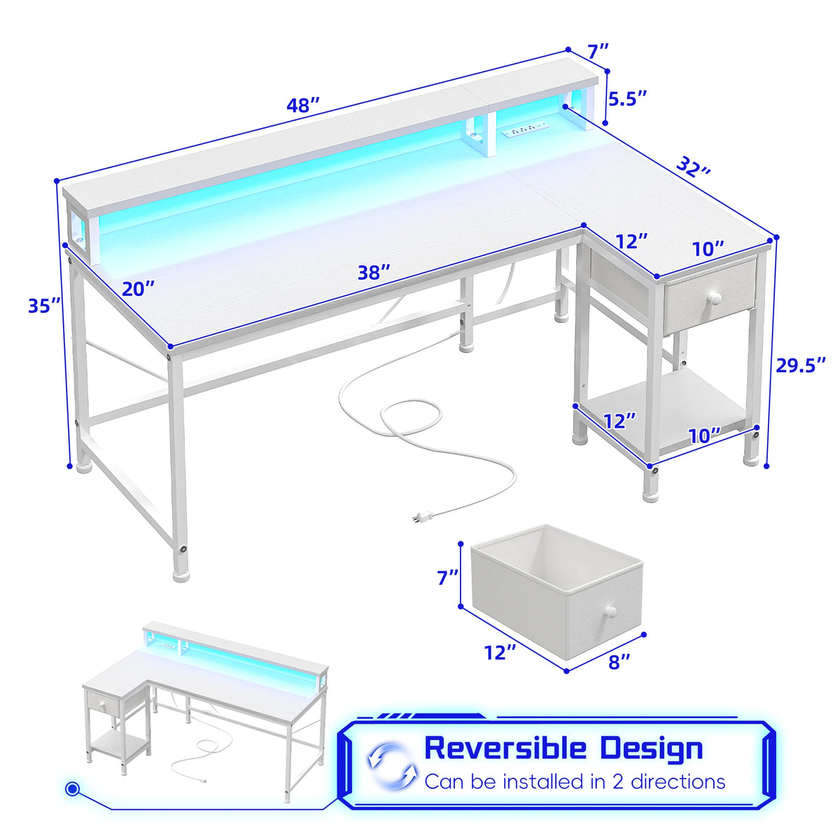 48 inch L-Shaped Desk with Drawers, Computer Desk with Monitor Stand, LED Lights, and Power Outlet, Suitable for Small Rooms, Study Rooms, Bedrooms, Home Offices, Christmas, Thanksgiving, Easter