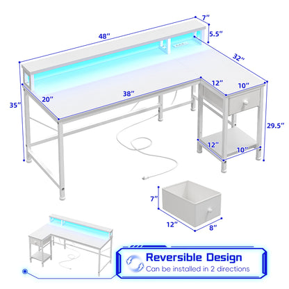 48 inch L-Shaped Desk with Drawers, Computer Desk with Monitor Stand, LED Lights, and Power Outlet, Suitable for Small Rooms, Study Rooms, Bedrooms, Home Offices, Christmas, Thanksgiving, Easter